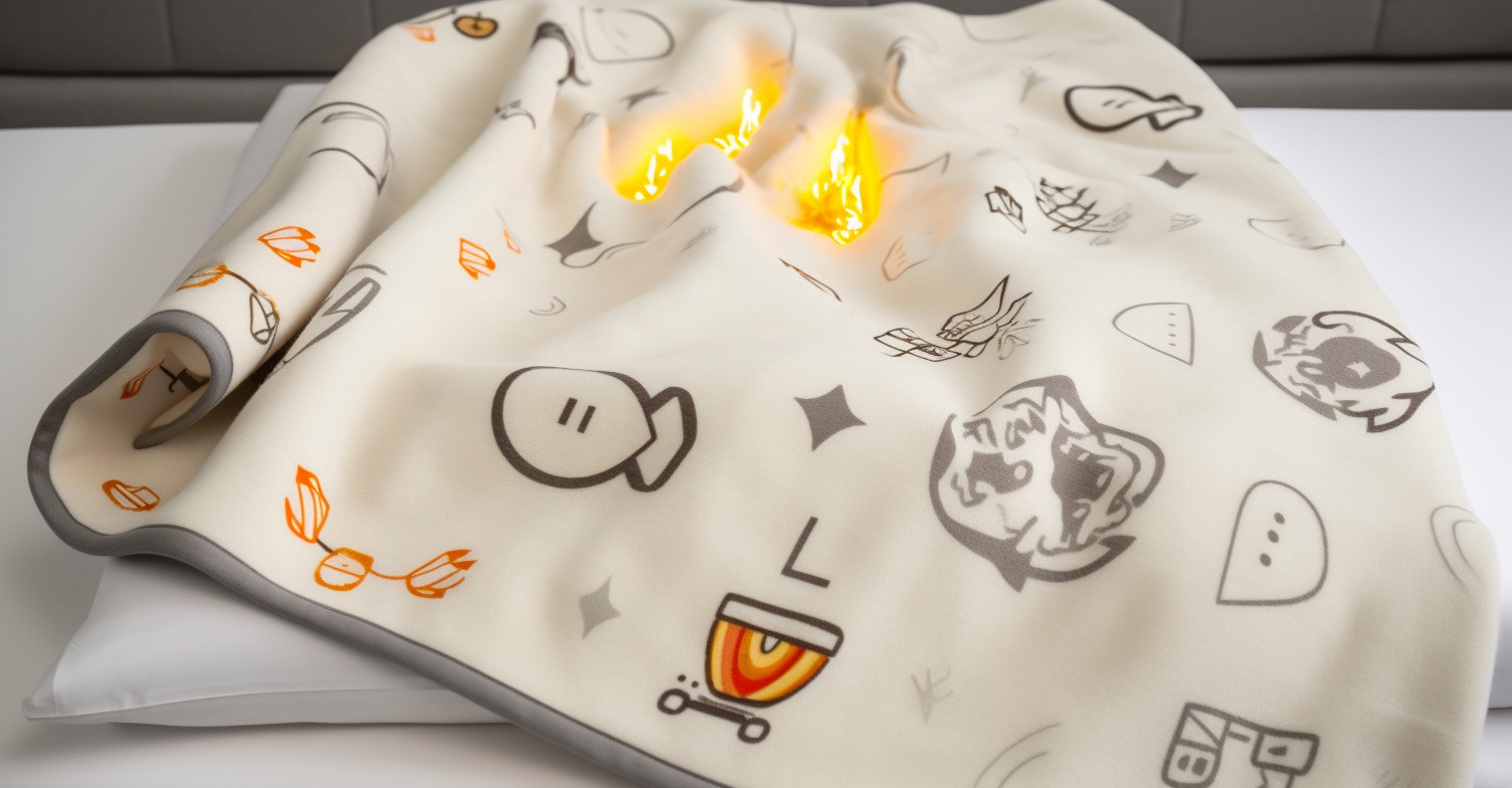 Electric blanket with safety icons such as fire safety and electrical safety symbols surrounding it