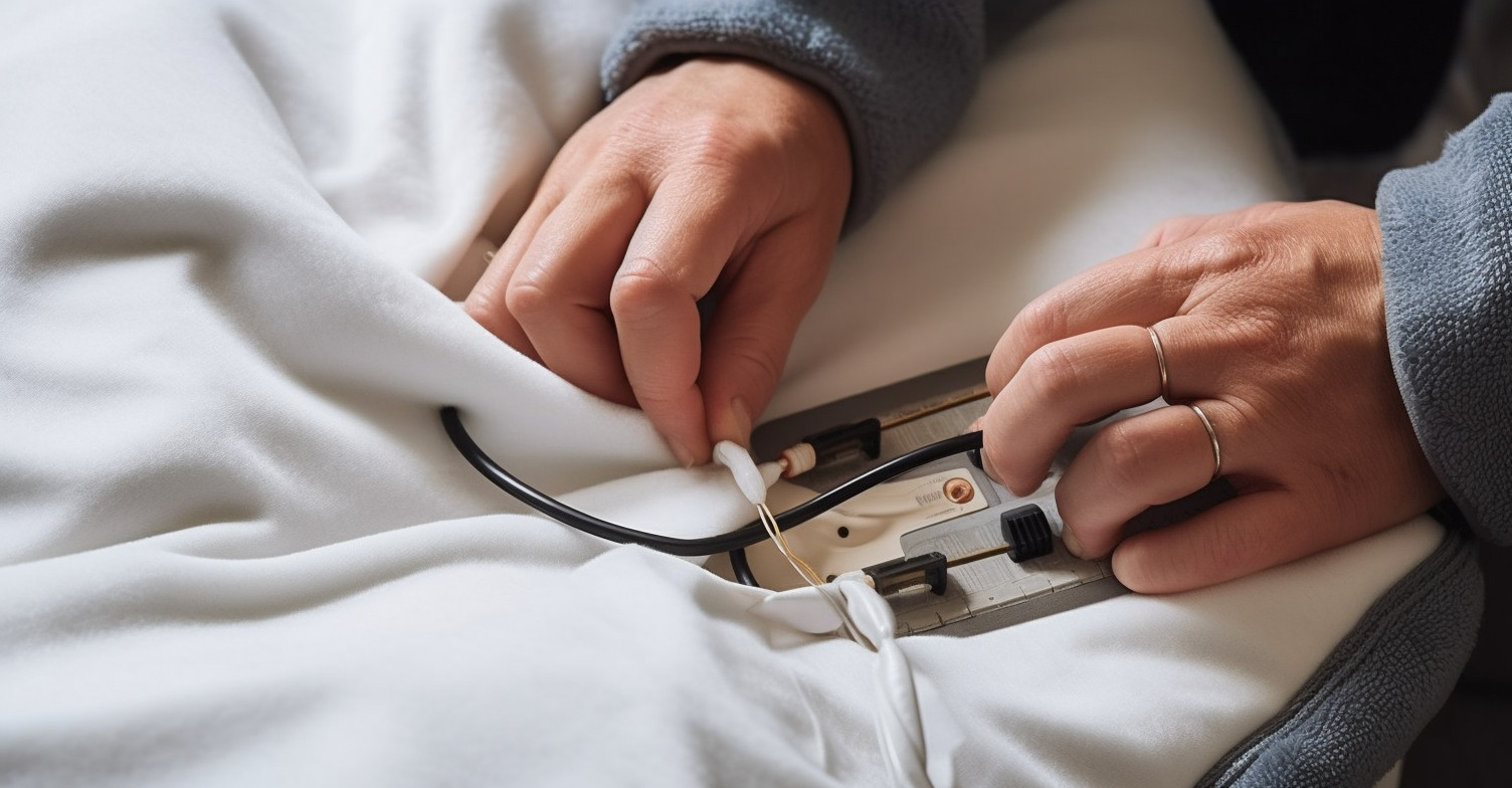 Person carefully repairing an electric blanket focusing on cords and heating elements
