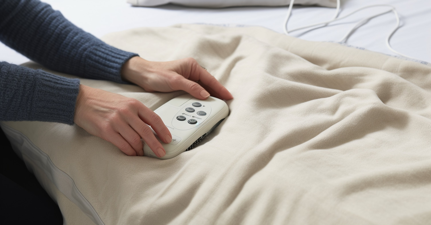 Person inspecting an electric blanket and controller checking connections