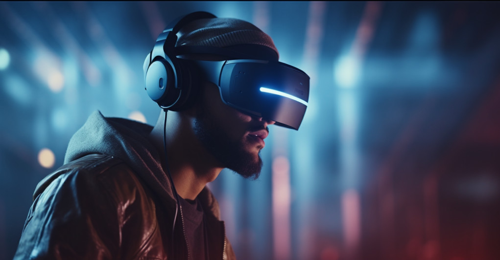 Cinematic shot of a gamer immersed in virtual reality