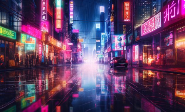 Pixelated cityscape with vibrant neon lights