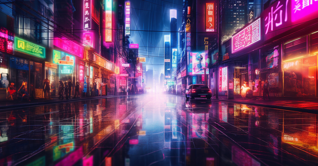Pixelated cityscape with vibrant neon lights