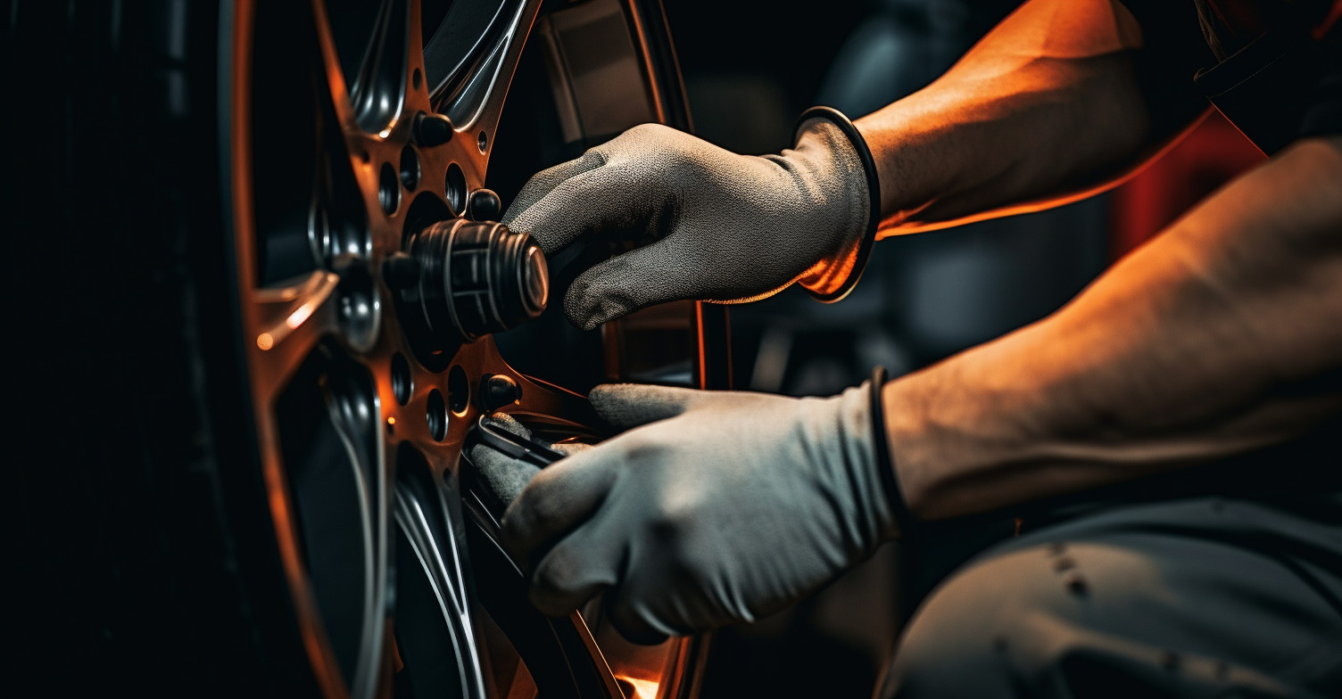 Hands replacing brake pads in the engine of a luxury car