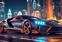 Luxurious car reflecting neon lights in Dubai Luxurious car reflecting neon lights in Dubai