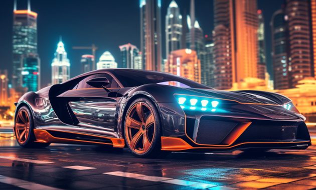 Luxurious car reflecting neon lights in Dubai Luxurious car reflecting neon lights in Dubai