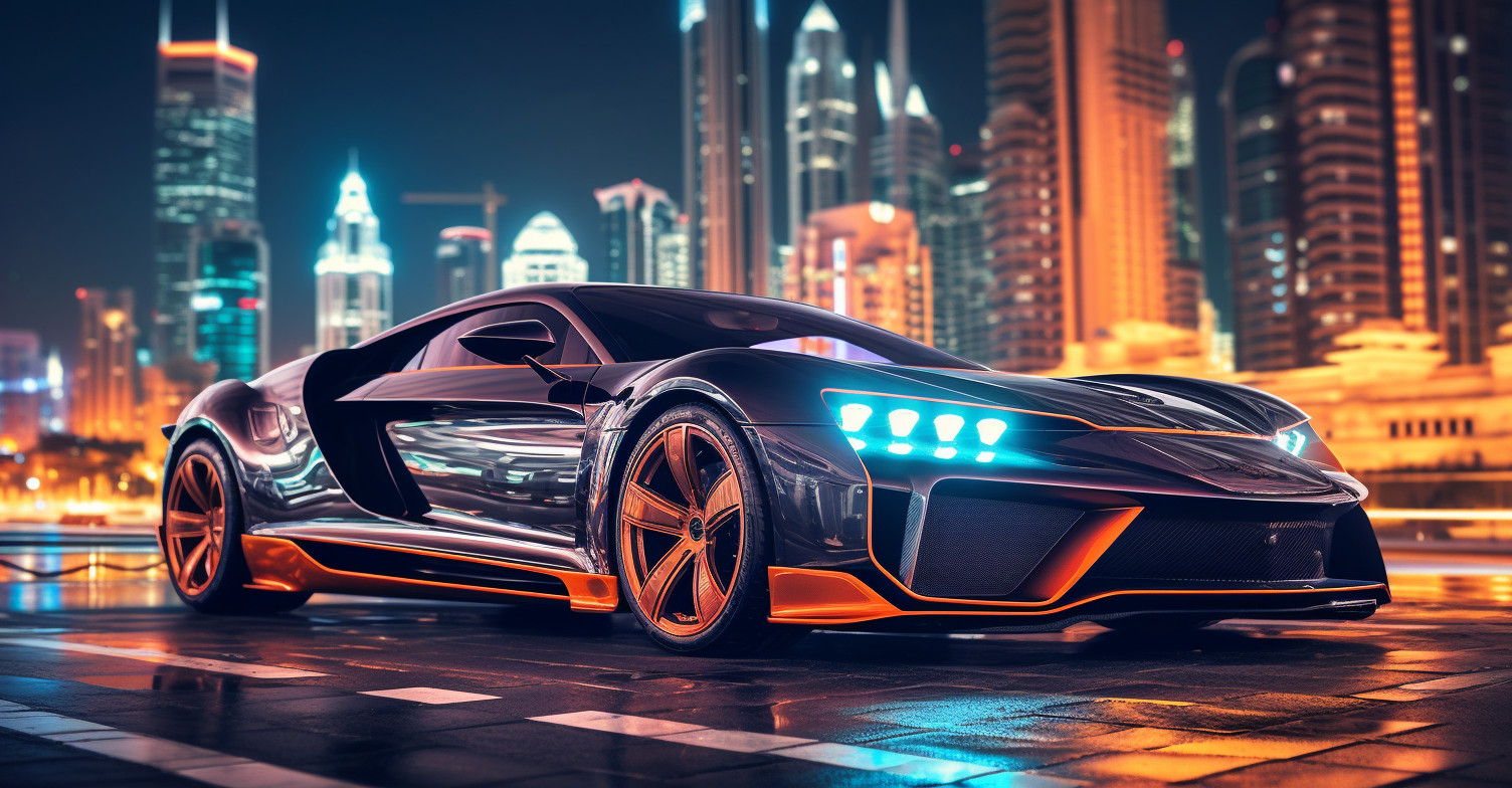 Luxurious car reflecting neon lights in Dubai