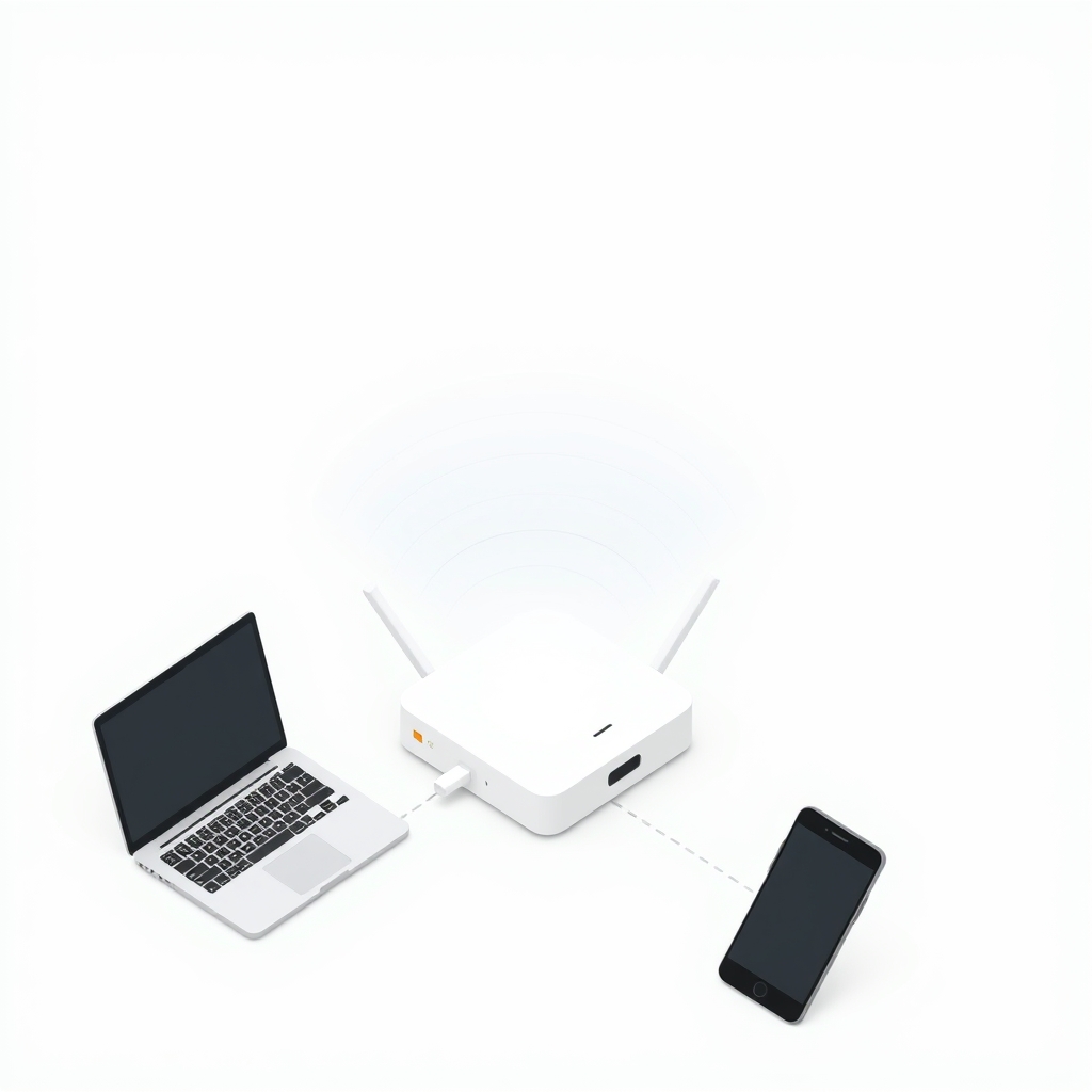 Isometric Wi-Fi router broadcasting signal to a laptop and smartphone