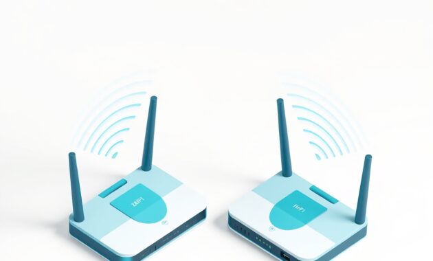 Wi-Fi 7 vs Wi-Fi 6 router comparison Two wireless routers side by side emitting Wi-Fi signal waves