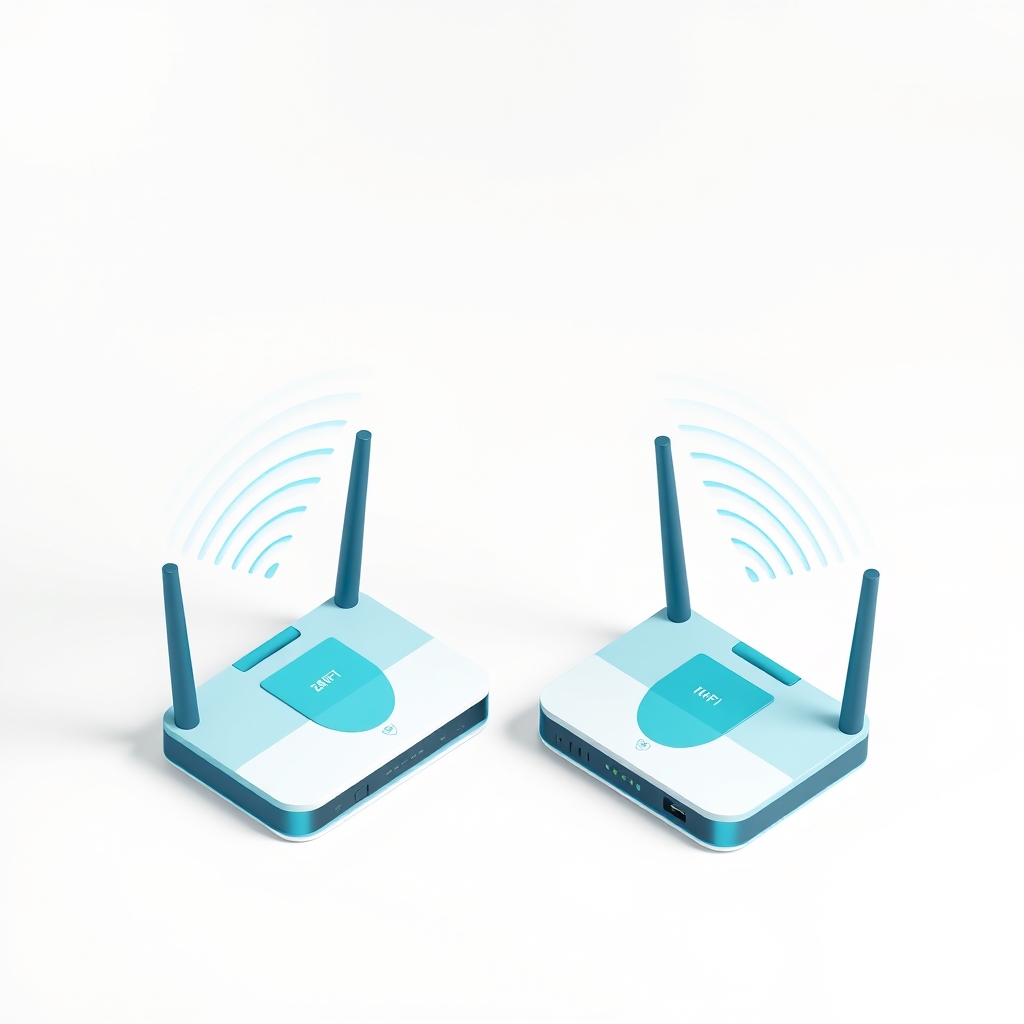 Wi-Fi 7 vs Wi-Fi 6 router comparison Two wireless routers side by side emitting Wi-Fi signal waves