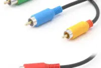 Component video cable with green blue and red RCA plugs next to a single yellow composite RCA cable