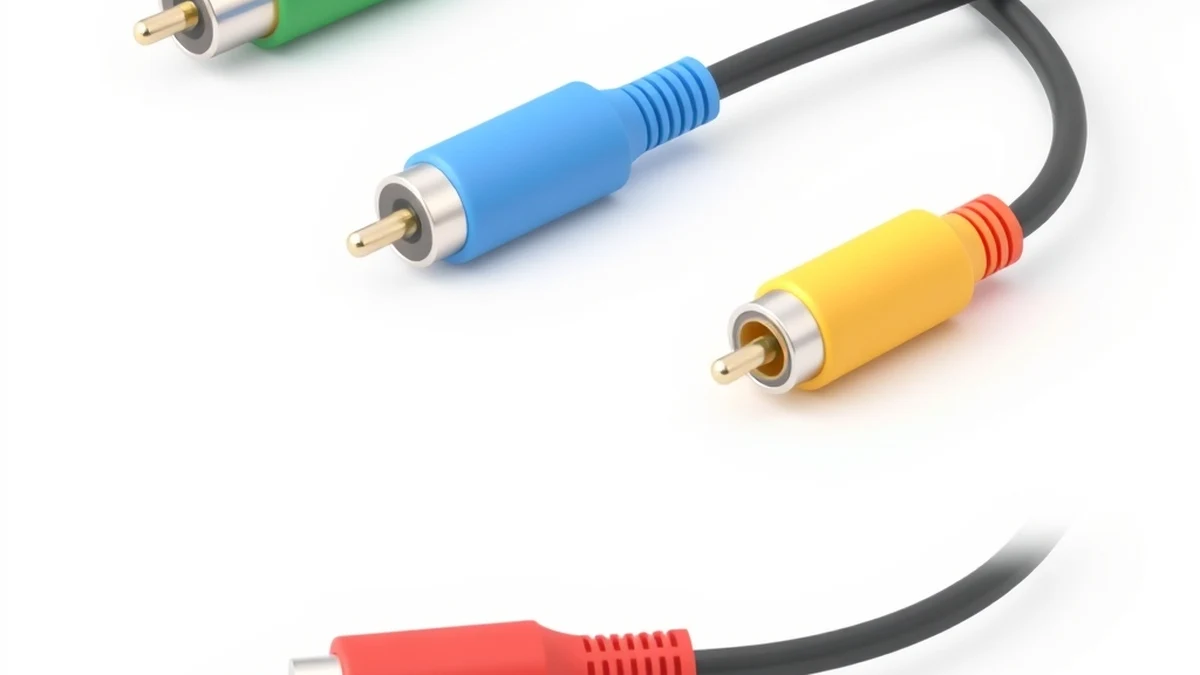 Component video cable with green blue and red RCA plugs next to a single yellow composite RCA cable