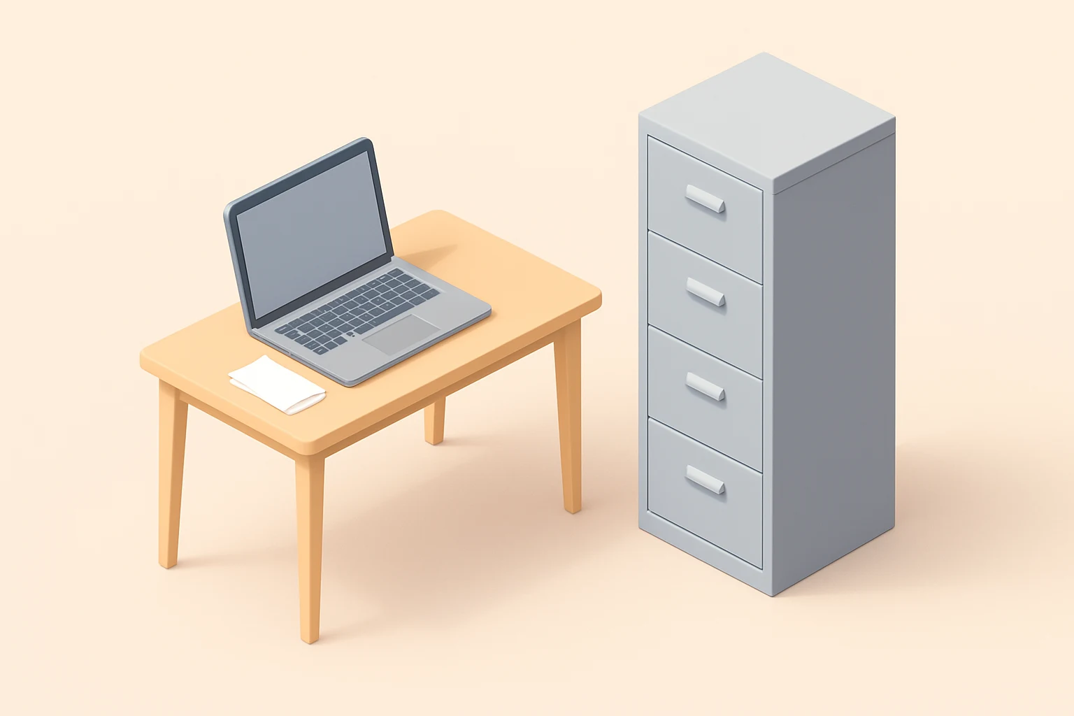 Isometric desk with laptop next to a tall filing cabinet, illustrating RAM as your desk and storage as the filing cabinet