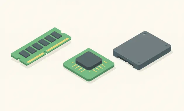 Isometric illustration of a RAM module, a ROM microchip and an SSD side by side