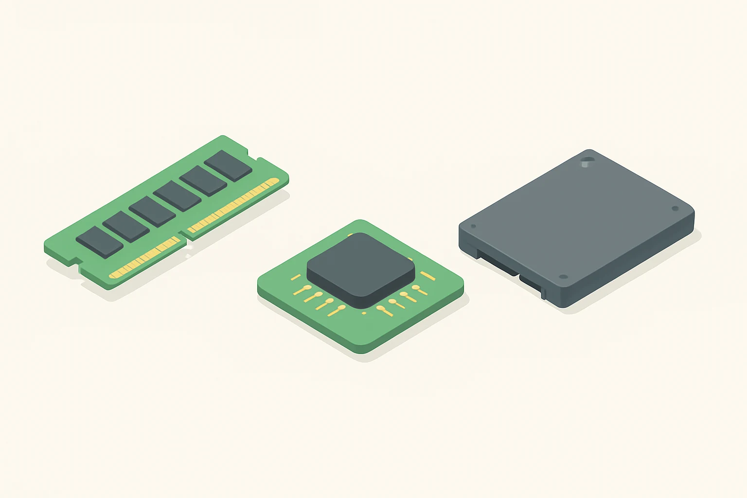 Isometric illustration of a RAM module, a ROM microchip and an SSD side by side