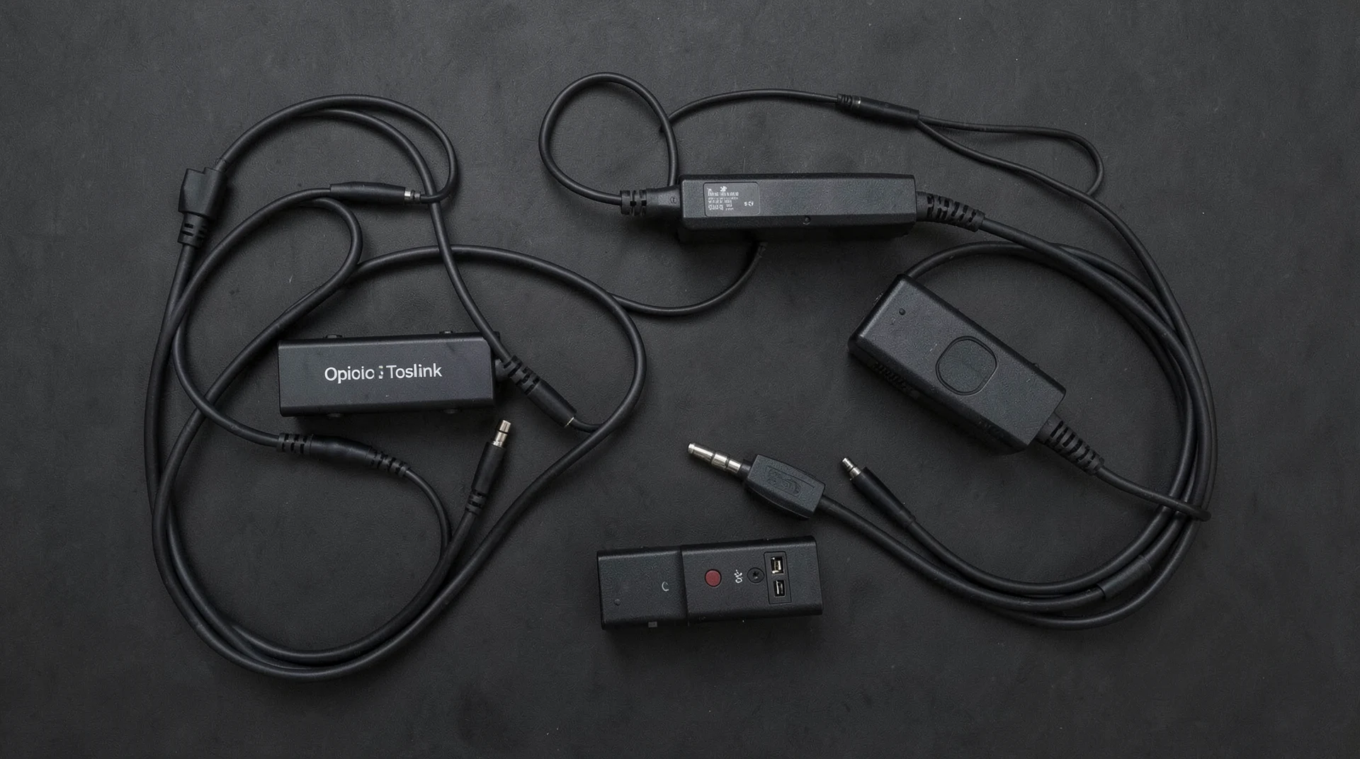 Various audio cables on dark surface
