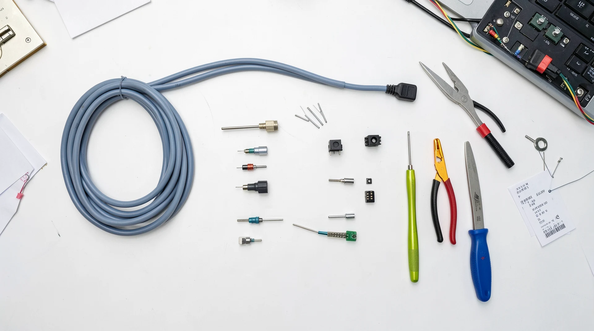 Coaxial cable connectors and termination tools on workbench