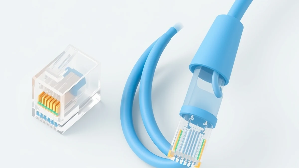 An RJ45 connector on the left and a coiled blue CAT5 ethernet cable on the right, shown side by side
