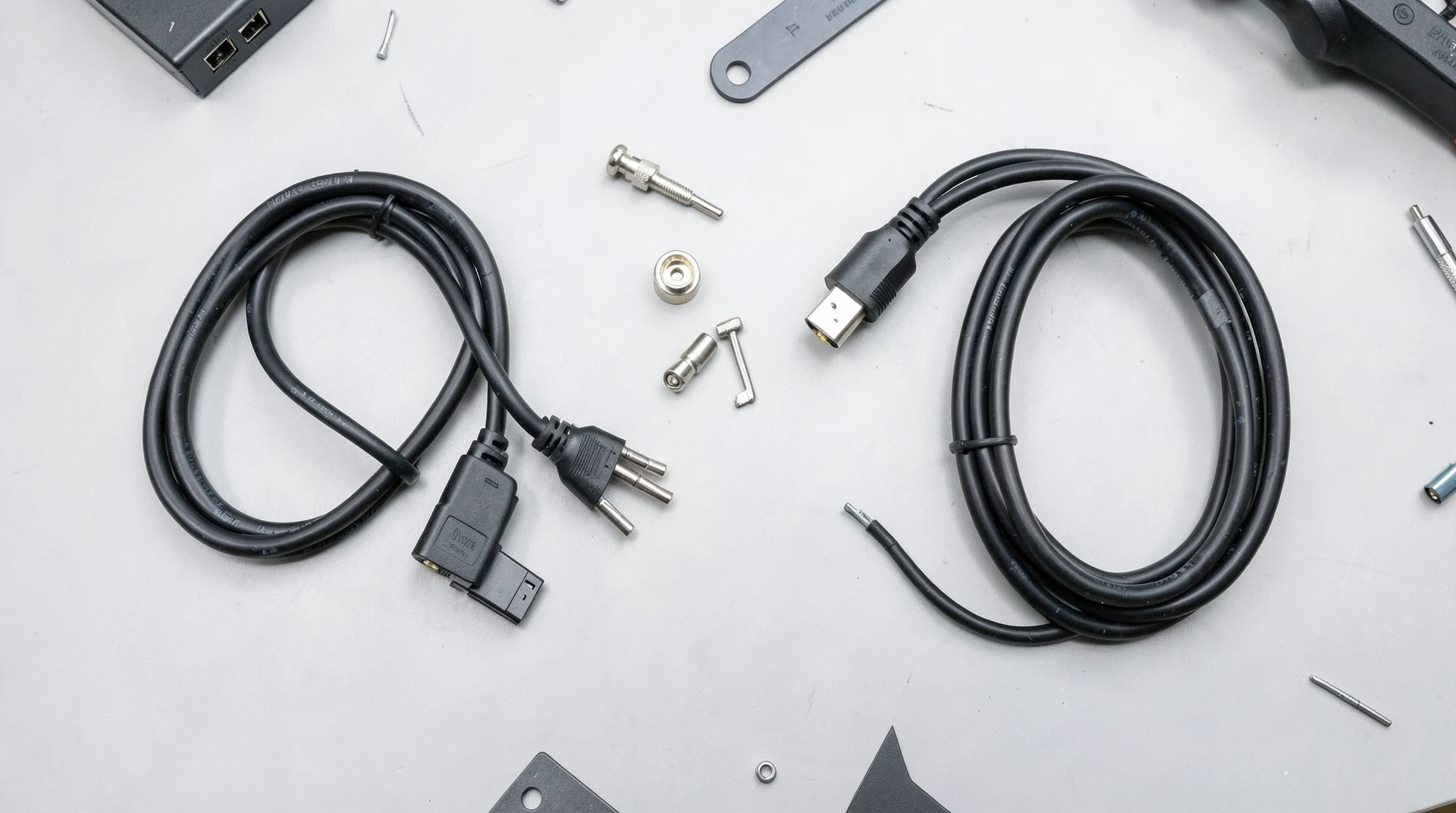 Various video cables and connectors on workbench