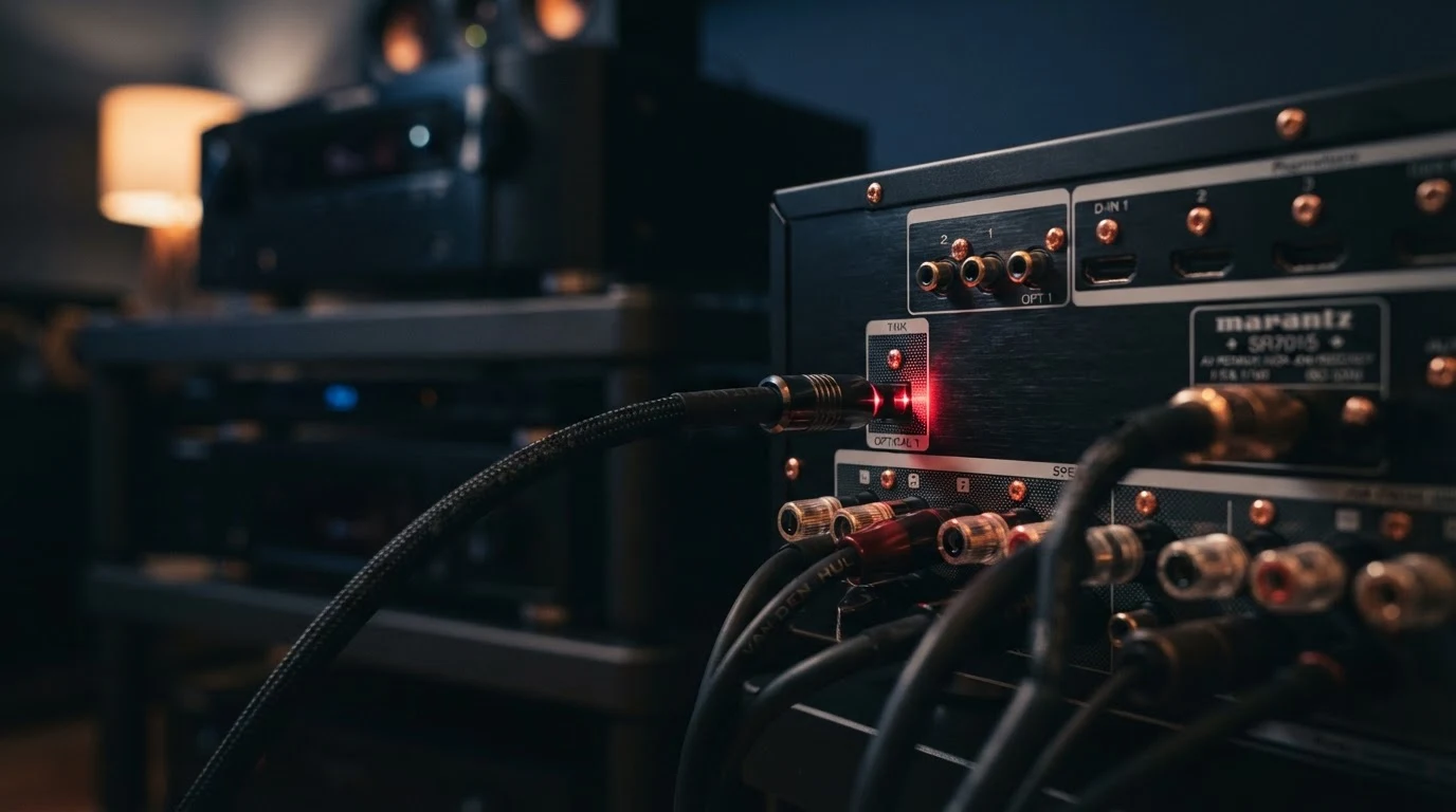 Toslink optical audio cable connected to sound system