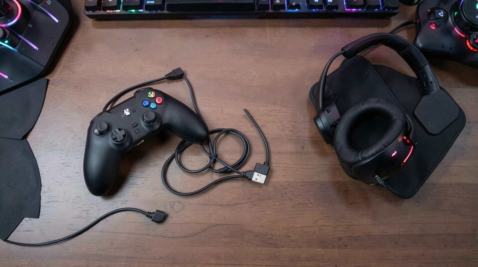 Xbox controller and gaming accessories on desk