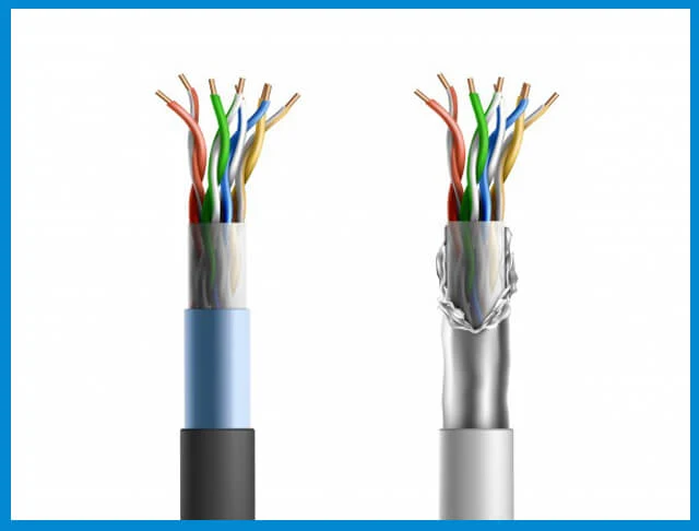 Cross section of a foiled twisted pair cable next to a braided S/FTP cable