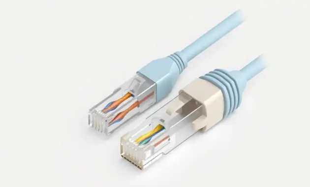 Shielded and unshielded RJ45 plugs on ethernet cables side by side