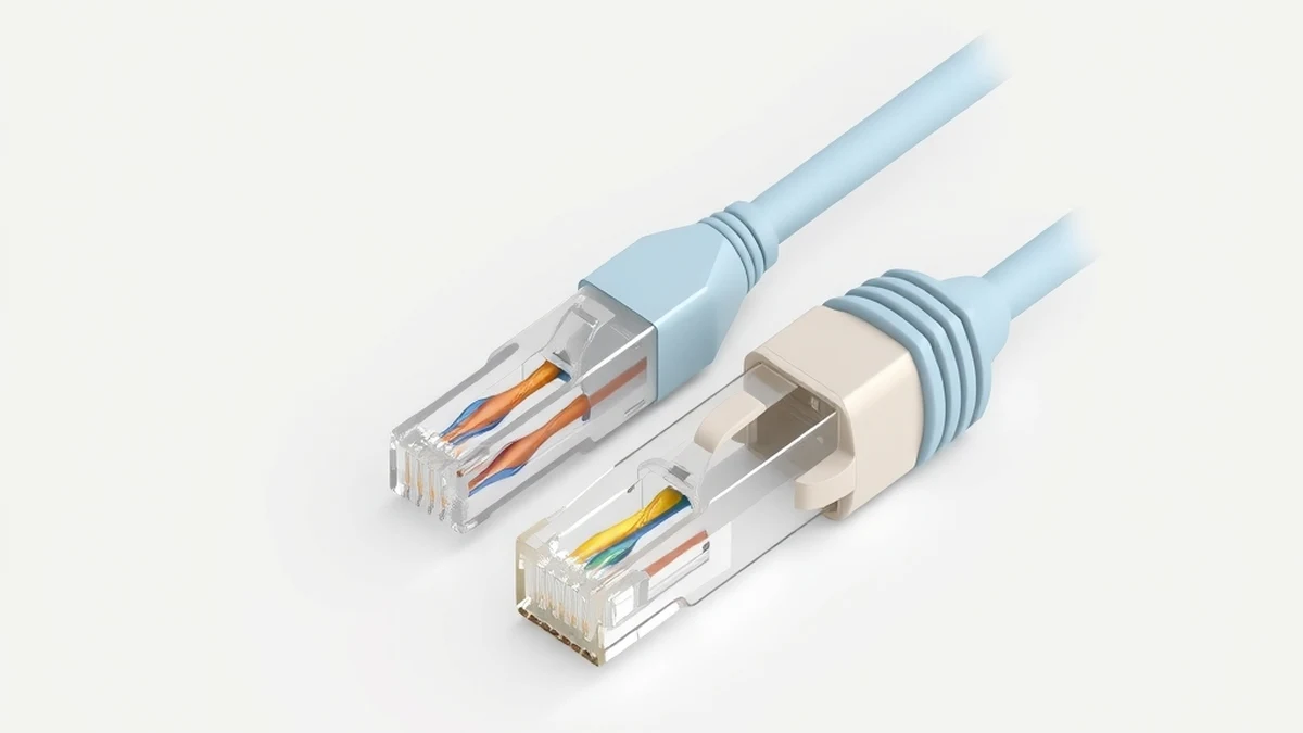 Shielded and unshielded RJ45 plugs on ethernet cables side by side