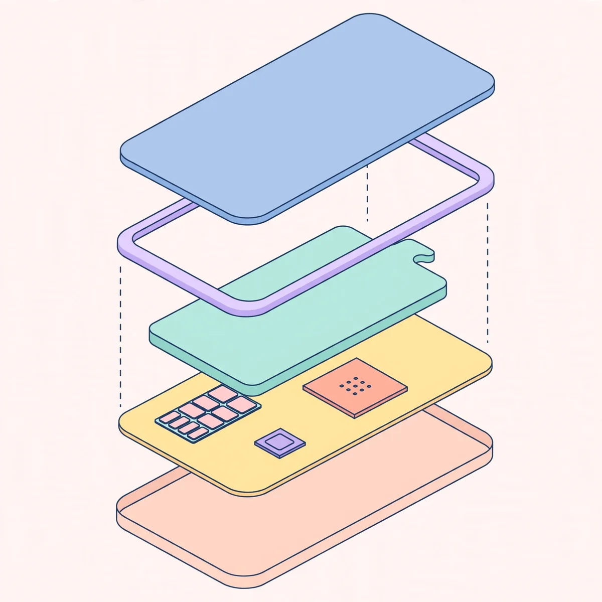 Isometric illustration of a smartphone with its memory, storage and firmware chips shown in layers