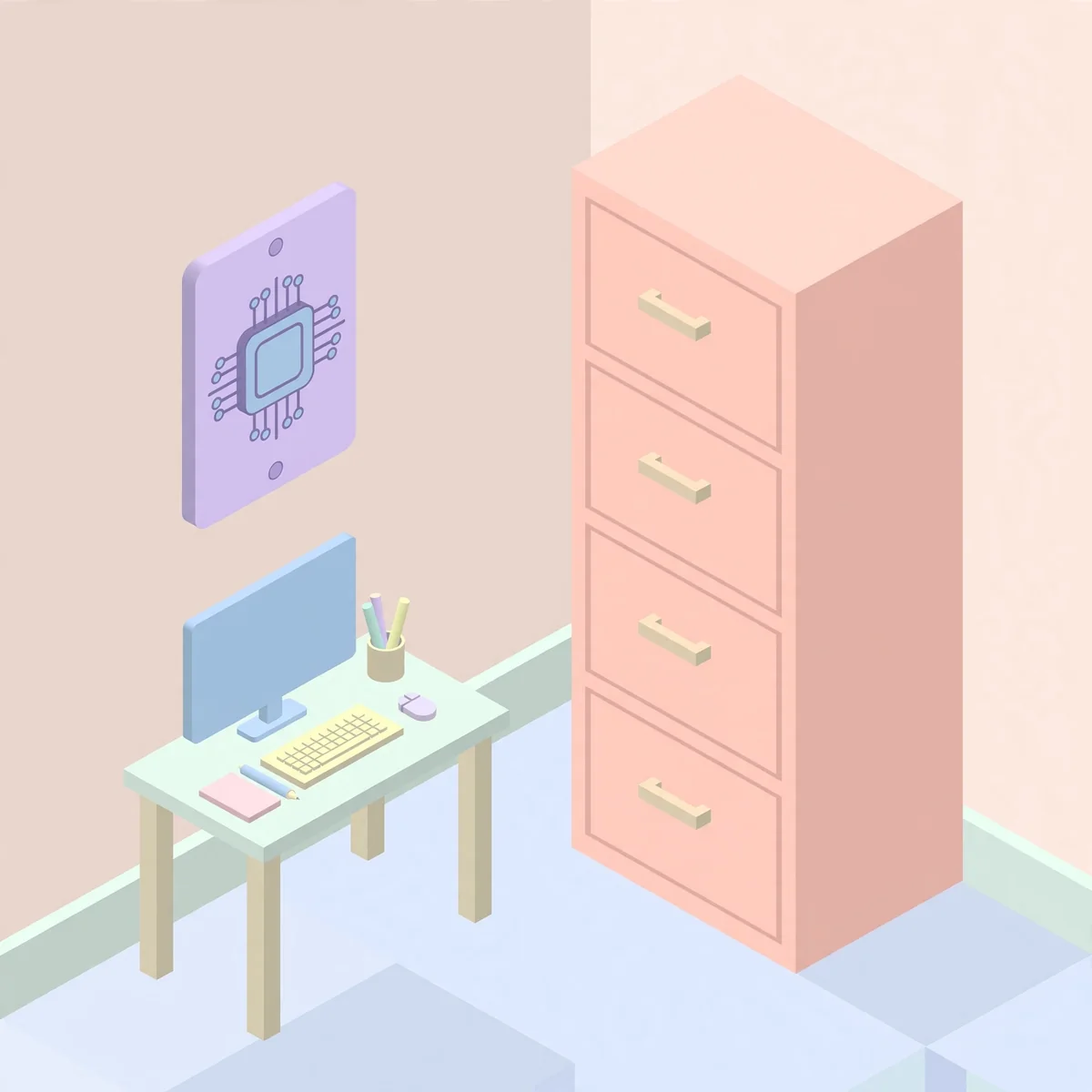 Isometric desk, chip plaque and filing cabinet standing for RAM, ROM and storage