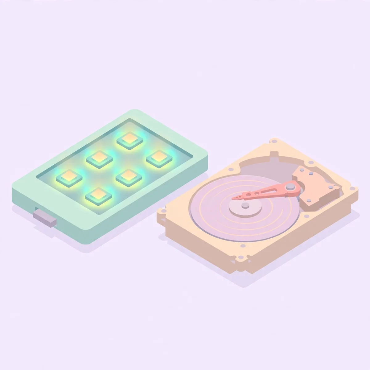 Isometric illustration of a solid-state drive beside a spinning hard disk drive