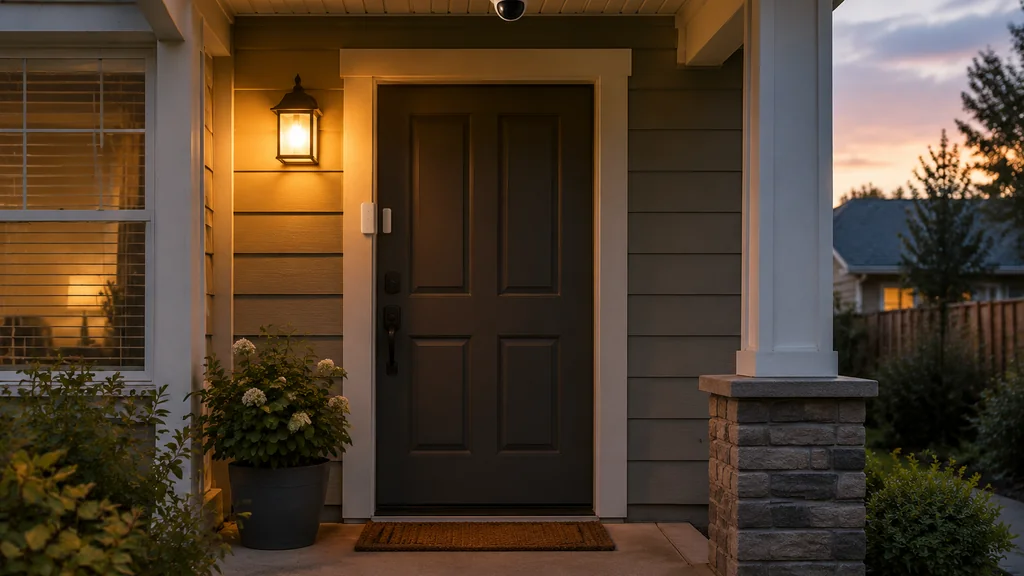 Front door with door contact sensor and porch camera at dusk