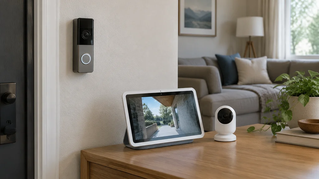 Video doorbell and indoor camera next to a smart display