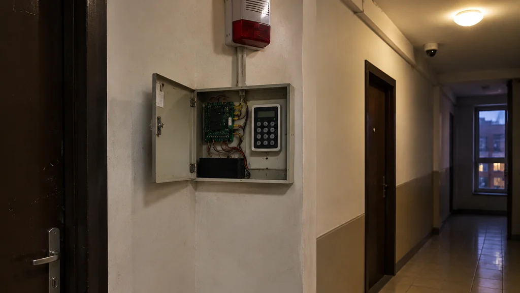 Alarm keypad, siren and hallway camera mounted on a wall