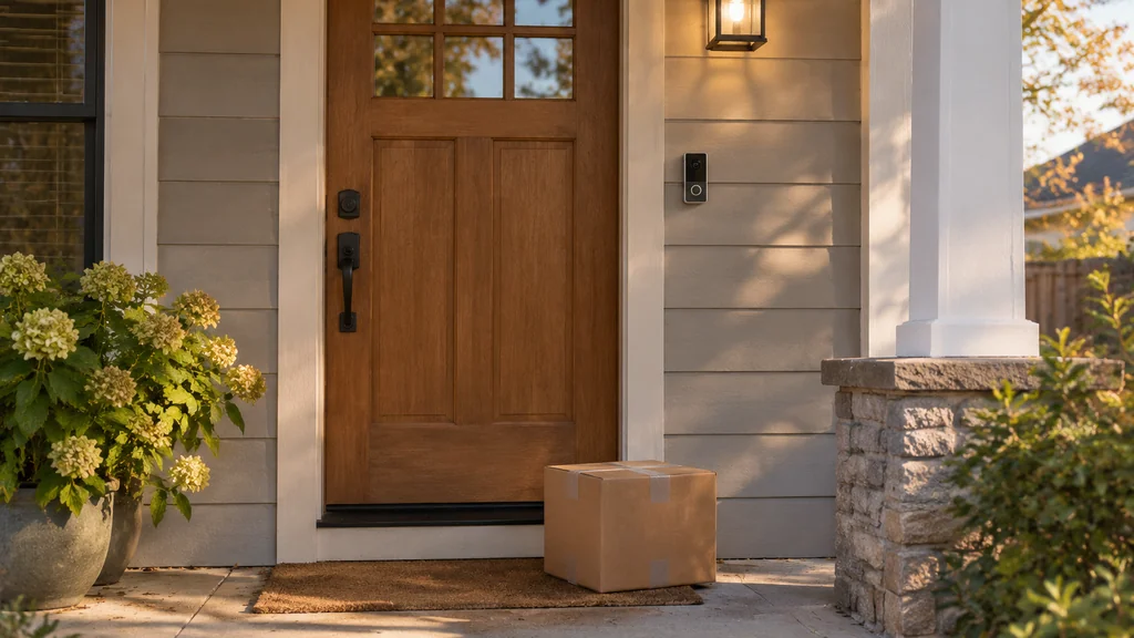 Doorbell camera mounted beside a front door with a package on the step