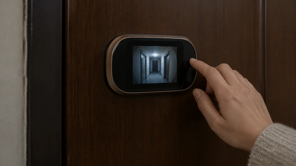 Indoor peephole camera screen mounted on the inside of a door