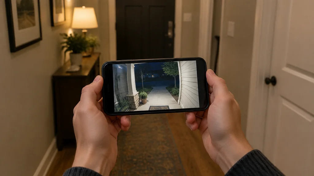 Person checking a live door camera feed on a phone in a hallway