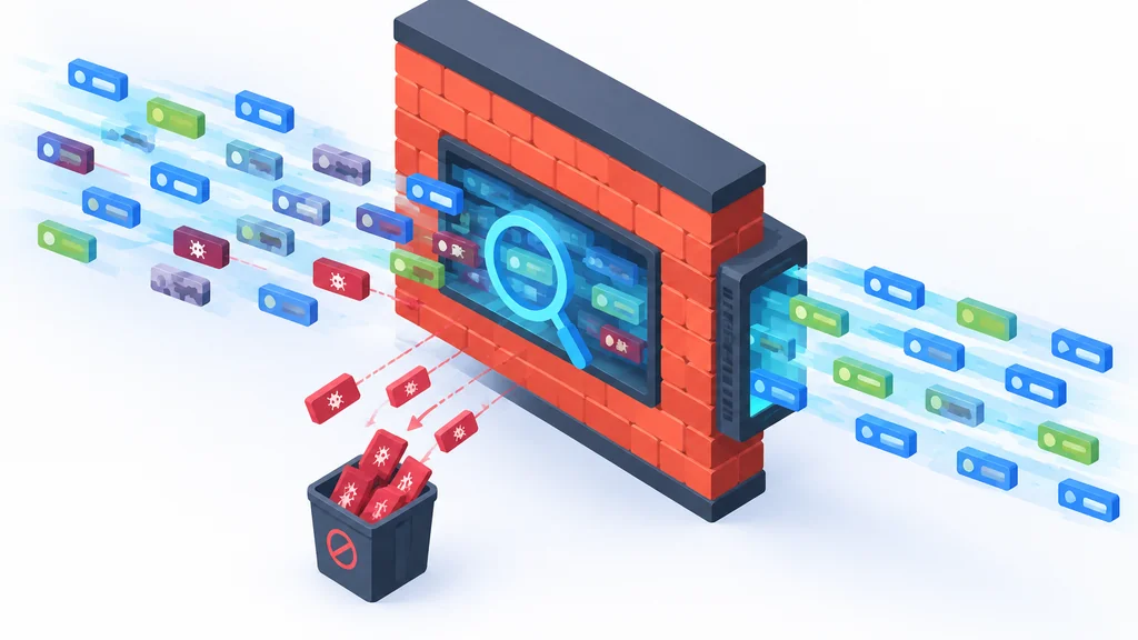 Isometric illustration of a deep packet inspection firewall scanning and blocking VPN traffic