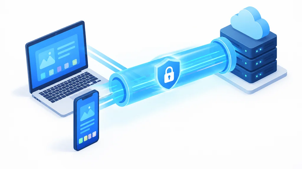 Isometric illustration of a VPN encrypting a device's traffic through a secure tunnel