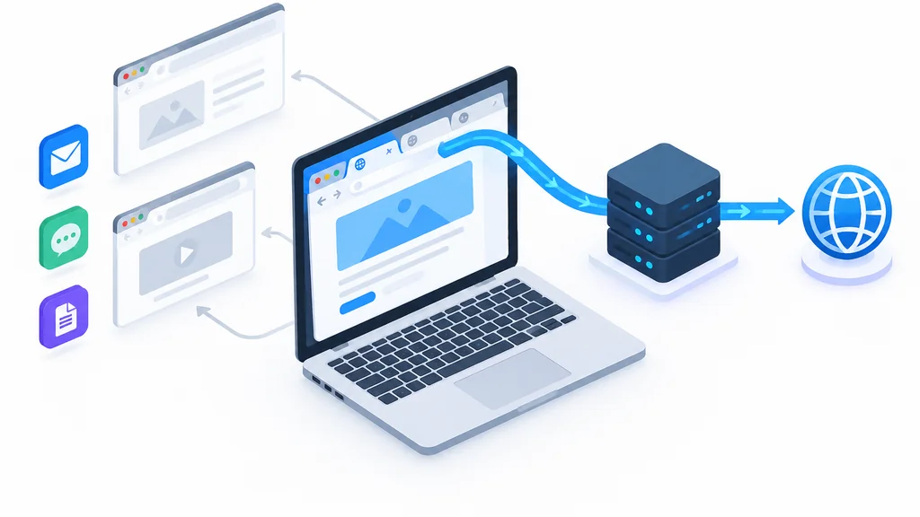 Isometric illustration of a web unblocker routing a single browser tab through a proxy server