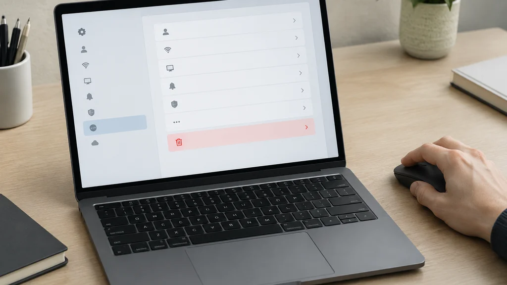 Cursor hovering over a delete account option in a settings menu on a laptop