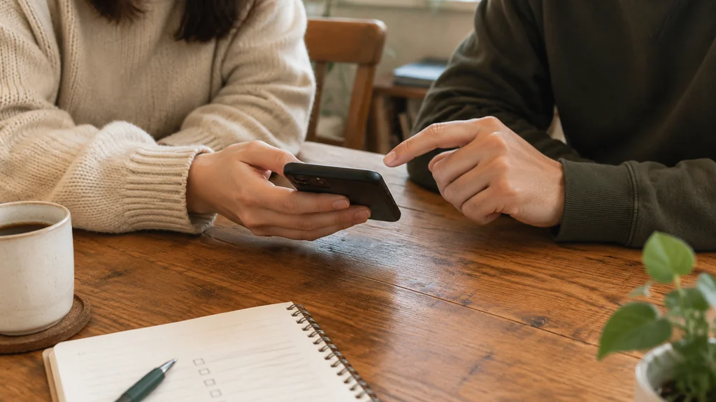 Two people reviewing account settings together before deleting a profile