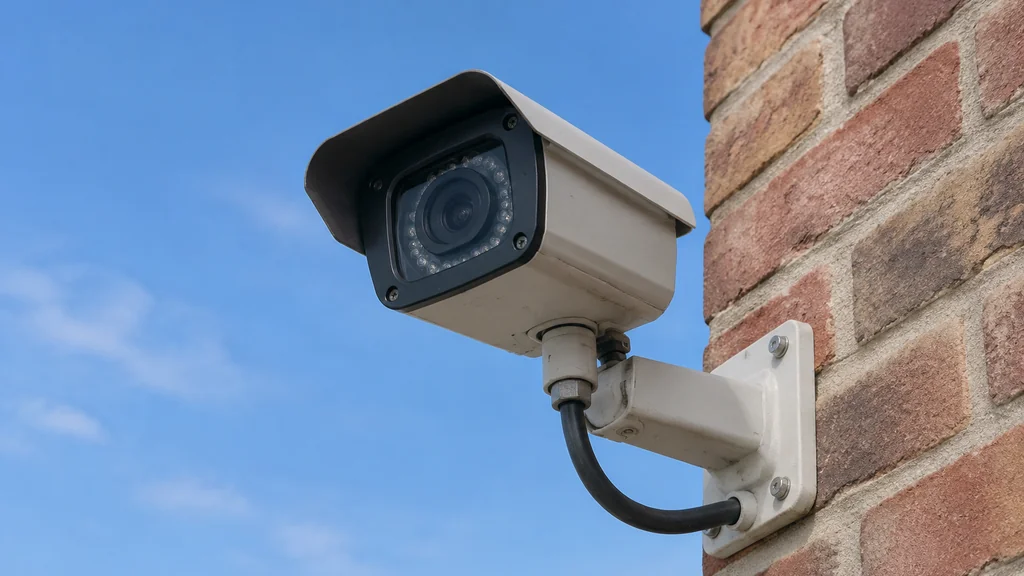 Outdoor professional security camera mounted on a brick wall