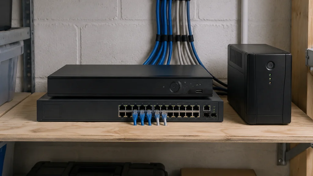 Network video recorder and PoE switch with labelled cables