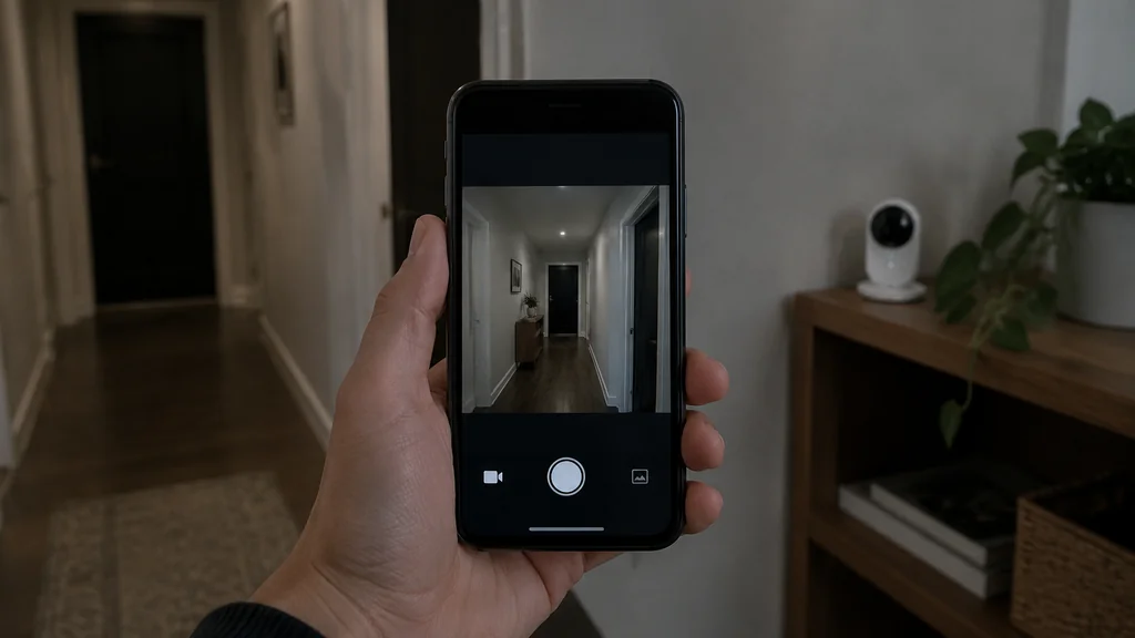 Phone showing a live feed from an indoor consumer camera