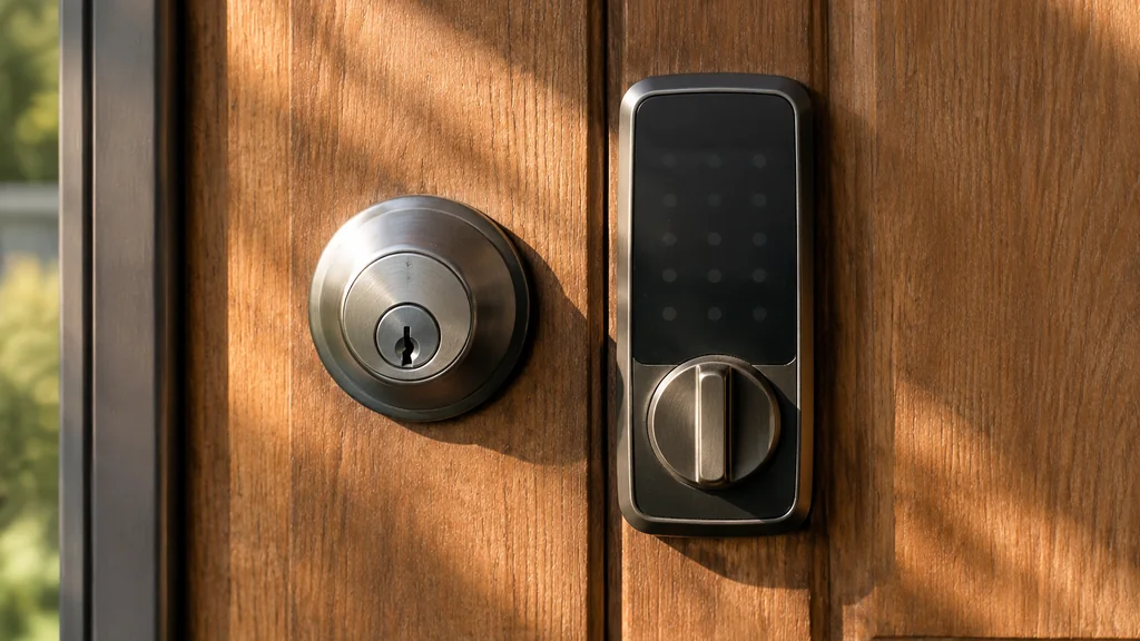 Deadbolt and smart keypad lock mounted side by side on a front door