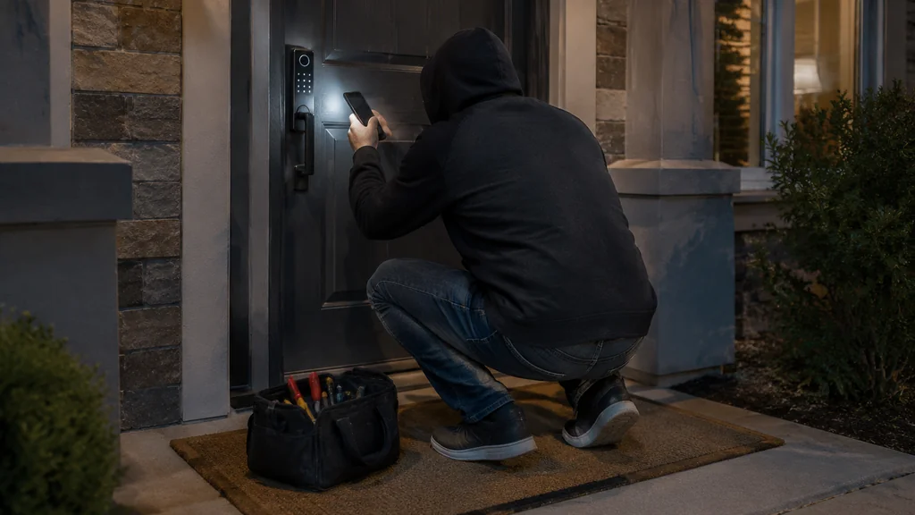 Person using a phone light to check a smart lock keypad at night