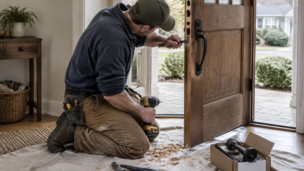 Carpenter fitting a lock into a wooden front door with hand tools